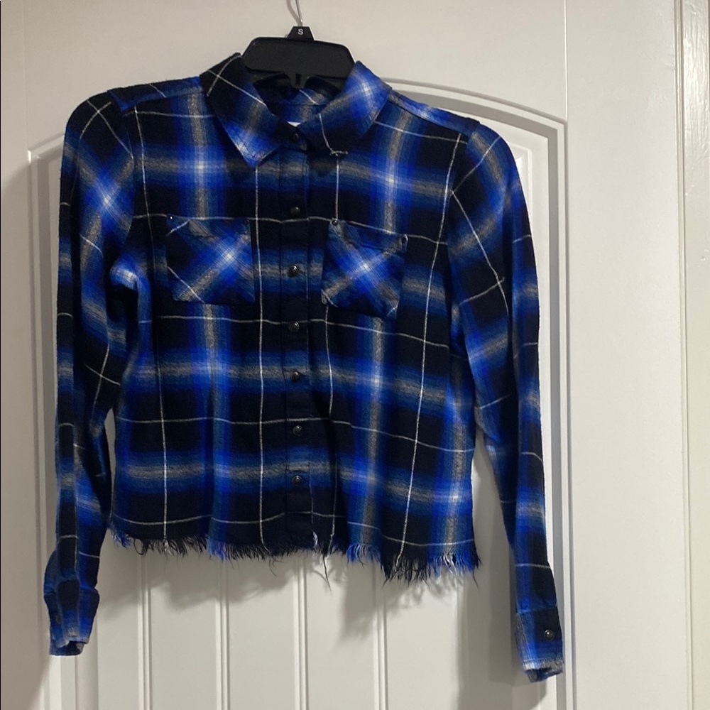 Blue and Black Plaid Cropped Shirt